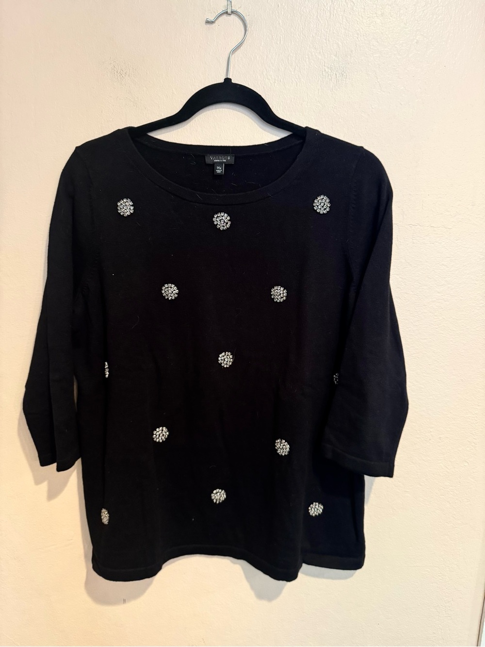 Ann Taylor Cotton & Silk Black Round Neck Sweater with Rhinestone Dot Accents